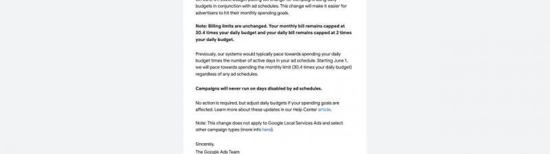 A Google Ads notice explains changes to budget pacing for ad scheduling, stating that monthly bills are capped at 30.4 times the daily budget, and actual daily spends may vary depending on ad schedules.