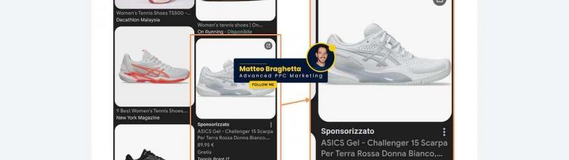 A screenshot of Google Images search results for “tennis shoes women” showing shoe listings, with one ad for ASICS Gel-Challenger 15 highlighted and labeled as a shopping ad inside the Images tab.