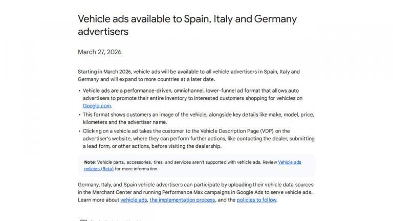 A webpage announcing that vehicle ads will be available to advertisers in Spain, Italy, and Germany starting March 2026, with details about ad features, requirements, and relevant links.