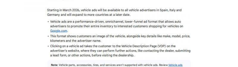 A webpage announcing that vehicle ads will be available to advertisers in Spain, Italy, and Germany starting March 2026, with details about ad features, requirements, and relevant links.
