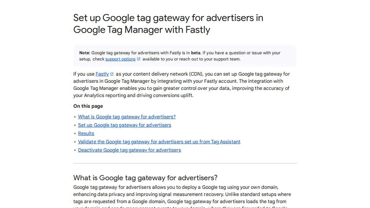 Screenshot of a Google support page titled “Set up Google tag gateway for advertisers in Google Tag Manager Fastly,” with sections on what the gateway is, setup steps, testing, disabling, and detailed Fastly Integration instructions below.