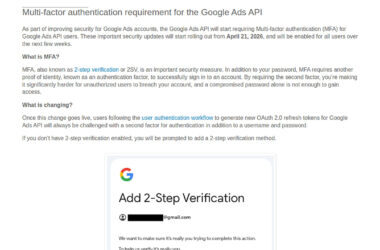 Screenshot of a Google Ads support page detailing the new multi-factor authentication requirement for the Google Ads API, featuring a section on API security, 2-Step Verification, and an example prompt to add this extra layer of protection.