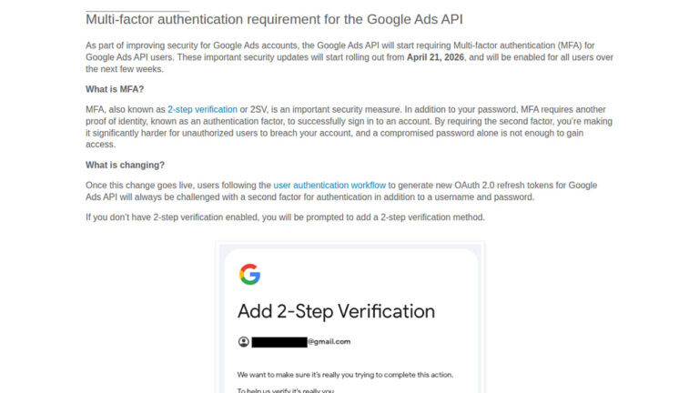 Screenshot of a Google Ads support page detailing the new multi-factor authentication requirement for the Google Ads API, featuring a section on API security, 2-Step Verification, and an example prompt to add this extra layer of protection.