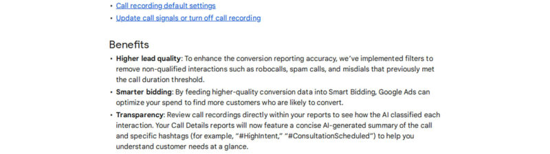 Screenshot of a Google Ads help page titled "About AI-Qualified Call Conversions," detailing benefits like better AI-Qualified Call Leads, improved lead classification, and smart bidding, with bulleted points and links to related Google topics.