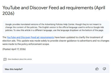 A screenshot of a Google help article titled "YouTube and Discover Feed ad requirements (April 2026)" highlights an Ad Policy Update with new YouTube Ad Requirements and notes on official language versions. The article is posted April 17, 2026.