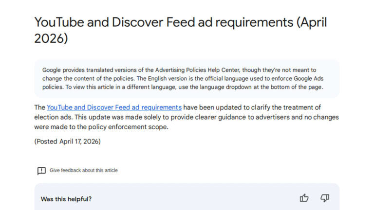A screenshot of a Google help article titled "YouTube and Discover Feed ad requirements (April 2026)" highlights an Ad Policy Update with new YouTube Ad Requirements and notes on official language versions. The article is posted April 17, 2026.