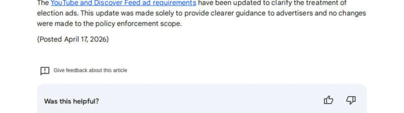 A screenshot of a Google help article titled "YouTube and Discover Feed ad requirements (April 2026)" highlights an Ad Policy Update with new YouTube Ad Requirements and notes on official language versions. The article is posted April 17, 2026.