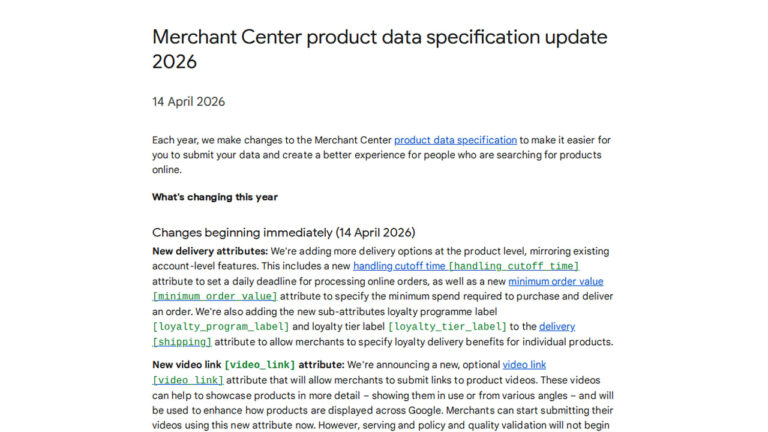 Screenshot of a webpage titled "Merchant Center product data specification update 2026," dated 14 April 2026. It details the GMC Product Data Specification 2026 Update, highlighting changes to delivery attributes, processing times, and a new video link attribute.