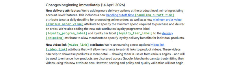 Screenshot of a webpage titled "Merchant Center product data specification update 2026," dated 14 April 2026. It details the GMC Product Data Specification 2026 Update, highlighting changes to delivery attributes, processing times, and a new video link attribute.