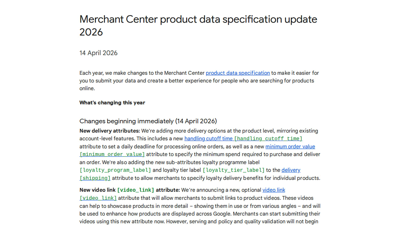 Screenshot of a webpage titled "Merchant Center product data specification update 2026," dated 14 April 2026. It details the GMC Product Data Specification 2026 Update, highlighting changes to delivery attributes, processing times, and a new video link attribute.