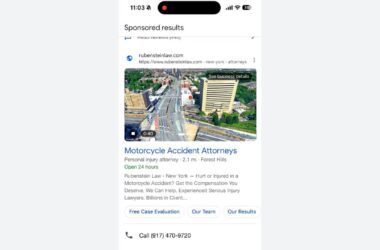 A smartphone screen displays a Google Search Ad for "Motorcycle Accident Attorneys" alongside an Immersive Map View of a city, website link, description, and call button at the bottom. The time is 11:03 AM.