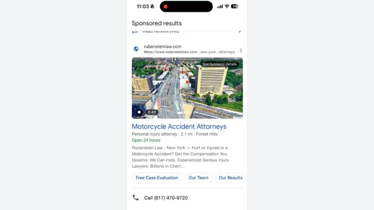 A smartphone screen displays a Google Search Ad for "Motorcycle Accident Attorneys" alongside an Immersive Map View of a city, website link, description, and call button at the bottom. The time is 11:03 AM.