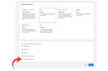 A screenshot of Google Ads campaign setup with the "Search" campaign type selected. Below, boxes for ways you want to reach your search goal are shown, with “Messages from your ads” highlighted by a red arrow.
