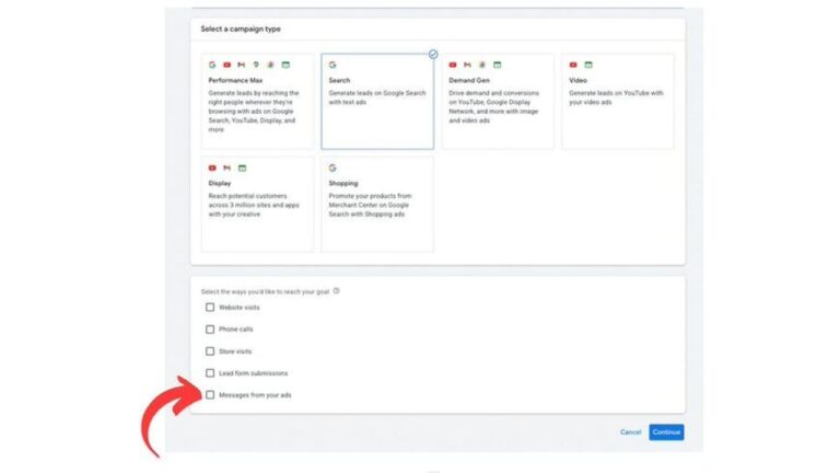 A screenshot of Google Ads campaign setup with the "Search" campaign type selected. Below, boxes for ways you want to reach your search goal are shown, with “Messages from your ads” highlighted by a red arrow.