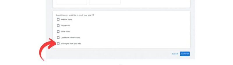A screenshot of Google Ads campaign setup with the "Search" campaign type selected. Below, boxes for ways you want to reach your search goal are shown, with “Messages from your ads” highlighted by a red arrow.