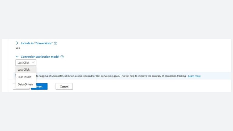 A screenshot of a Microsoft Advertising webpage showing a dropdown menu for selecting a conversion attribution model, with options "Last Click," "Last Touch," and "Data-Driven Attribution" visible. "Include in 'Conversions'" is set to Yes.