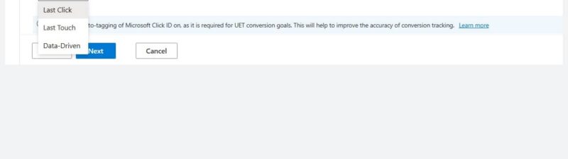 A screenshot of a Microsoft Advertising webpage showing a dropdown menu for selecting a conversion attribution model, with options "Last Click," "Last Touch," and "Data-Driven Attribution" visible. "Include in 'Conversions'" is set to Yes.