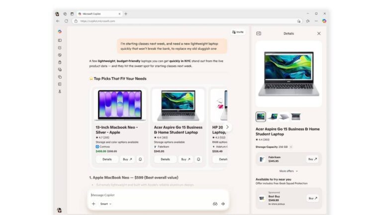 A browser window displays a shopping website showing laptops for sale, featuring product images, prices, ratings, and Highlights from Microsoft Merchant Center. The selected laptop's details appear in a side panel on the right.