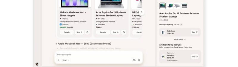 A browser window displays a shopping website showing laptops for sale, featuring product images, prices, ratings, and Highlights from Microsoft Merchant Center. The selected laptop's details appear in a side panel on the right.
