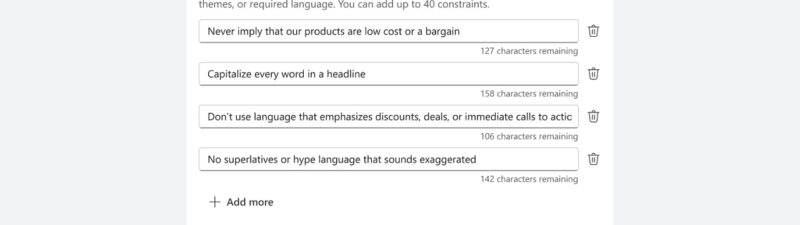 A screenshot of Microsoft Advertising text guidelines for ads, displaying term exclusions like "Cheap" and "Low cost," plus messaging constraints such as not implying low costs, capitalizing headlines, and avoiding exaggerated language.