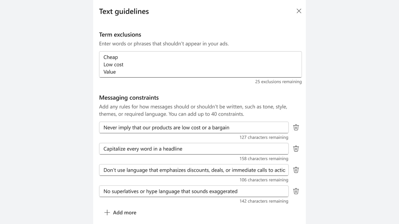 A screenshot of Microsoft Advertising text guidelines for ads, displaying term exclusions like "Cheap" and "Low cost," plus messaging constraints such as not implying low costs, capitalizing headlines, and avoiding exaggerated language.