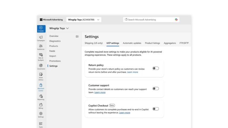 Screenshot of Microsoft Advertising’s Settings page showing Universal Commerce Protocol (UCP) settings, including Return policy, Customer support, and Copilot Checkout, integrated with Microsoft Merchant Center options and toggle switches.