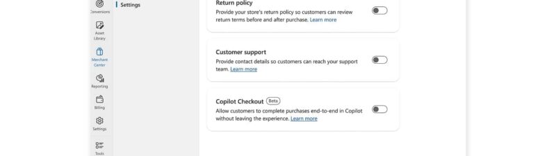 Screenshot of Microsoft Advertising’s Settings page showing Universal Commerce Protocol (UCP) settings, including Return policy, Customer support, and Copilot Checkout, integrated with Microsoft Merchant Center options and toggle switches.