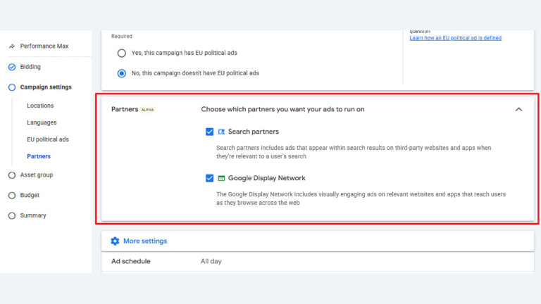 Screenshot of Google Ads settings showing Display Controls with options to select Search Partners and Google Display Network, both checked within a red-outlined box. Menu and other features are visible on the left.