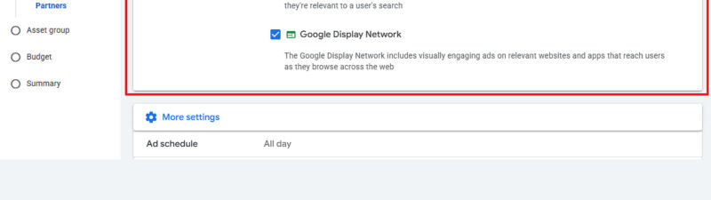 Screenshot of Google Ads settings showing Display Controls with options to select Search Partners and Google Display Network, both checked within a red-outlined box. Menu and other features are visible on the left.