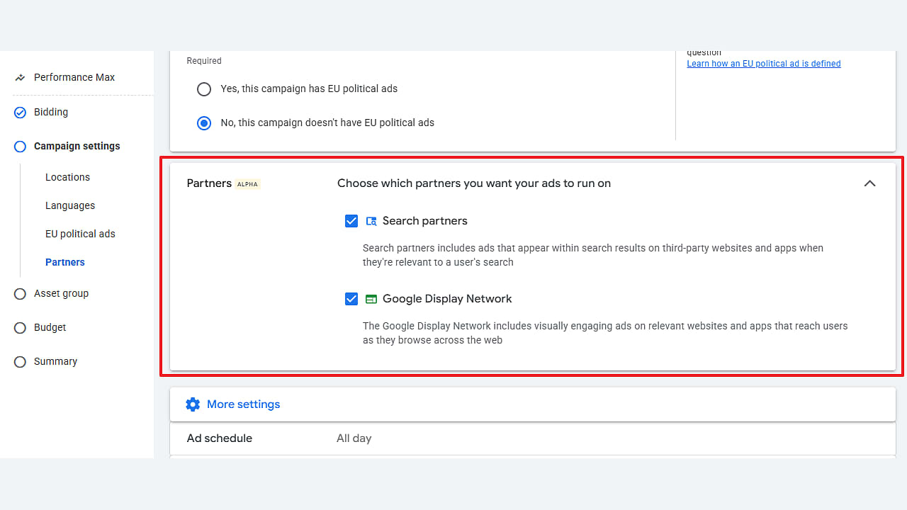 Screenshot of Google Ads settings showing Display Controls with options to select Search Partners and Google Display Network, both checked within a red-outlined box. Menu and other features are visible on the left.
