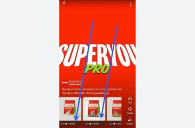 Bright red "SuperYou PRO" ad with bold white and green text. Two blue arrows highlight identical listings below, each showing 4.3-star Product Ratings from 439 reviews—perfect for YouTube Shorts Ads or Google promotion. Packages appear partially at the bottom.