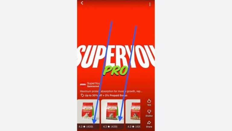 Bright red "SuperYou PRO" ad with bold white and green text. Two blue arrows highlight identical listings below, each showing 4.3-star Product Ratings from 439 reviews—perfect for YouTube Shorts Ads or Google promotion. Packages appear partially at the bottom.