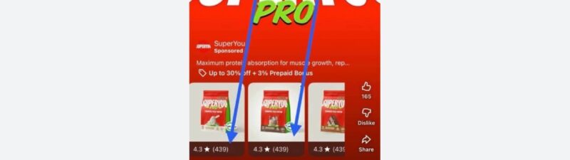 Bright red "SuperYou PRO" ad with bold white and green text. Two blue arrows highlight identical listings below, each showing 4.3-star Product Ratings from 439 reviews—perfect for YouTube Shorts Ads or Google promotion. Packages appear partially at the bottom.