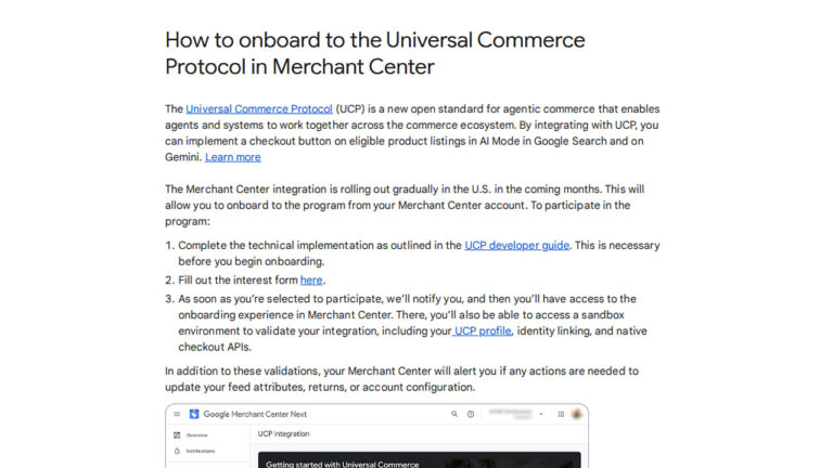 A webpage titled "How to onboard to the Universal Commerce Protocol in Merchant Center" with introductory text, a bulleted instruction list, and a screenshot of the Google Merchant Center interface at the bottom.