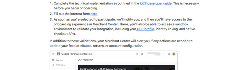 A webpage titled "How to onboard to the Universal Commerce Protocol in Merchant Center" with introductory text, a bulleted instruction list, and a screenshot of the Google Merchant Center interface at the bottom.