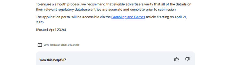 Google Ads help page titled "Update to Gambling and Games Policy: Australia (April 2026)," announcing certification applications for online gambling providers targeting Australia will reopen April 21, 2026.