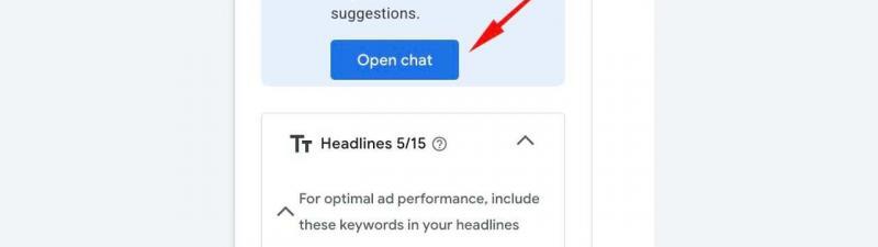 A red arrow points to a blue "Open chat" button in an online interface. Above the button, text offers personalized help from an Ads Advisor. Below, suggested keywords like "korean skin care" and "korean makeup" are listed.