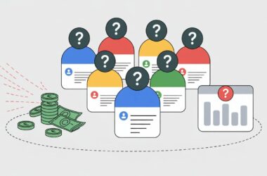 Illustration of profile cards with question marks, a stack of money and bills, and a chart with a question mark, representing uncertainty in financial decisions or investment choices related to people and the need to track offline conversions.