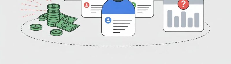 Illustration of profile cards with question marks, a stack of money and bills, and a chart with a question mark, representing uncertainty in financial decisions or investment choices related to people and the need to track offline conversions.