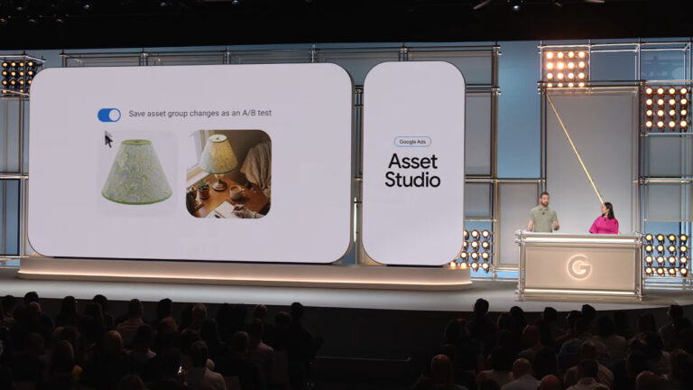 Google Ads Asset Studio interface displaying A/B testing feature with lamp shade product images and toggle option to save asset group changes as A/B test, presented at a digital marketing conference.