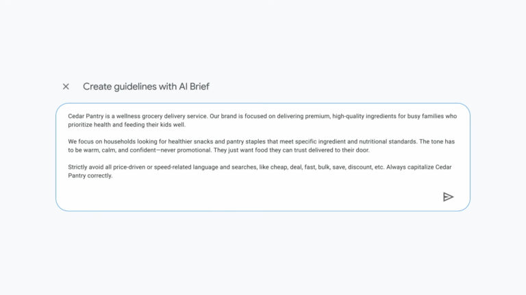 Screenshot of AI Brief guidelines for Cedar Pantry showing brand voice and messaging requirements for a wellness grocery delivery service