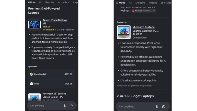 Two smartphone screenshots show search results for AI-powered laptops. The left screen displays details on an Apple MacBook Air; the right highlights a Microsoft Surface Laptop Copilot+ PC, both with brief feature descriptions.