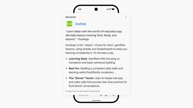 Screenshot of a sponsored Duolingo app advertisement on a smartphone displaying information about learning Italian through gamified lessons and AI-based role play features.