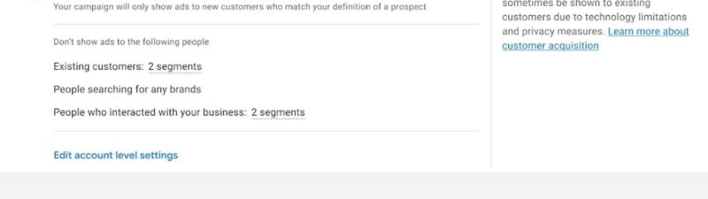 Screenshot of a customer acquisition settings page with an arrow pointing to the "Only bid for new prospects" option, which is labeled as "BETA." Other options and help text about customer acquisition are also visible.