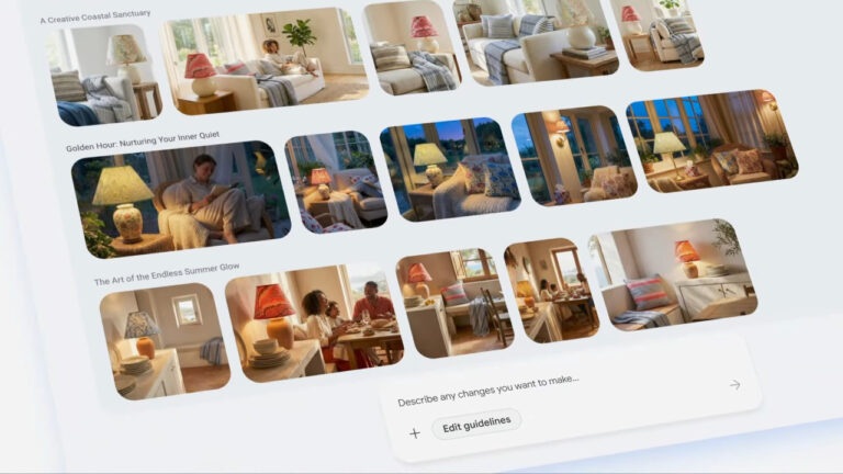 Screenshot of Google Asset Studio interface showing multiple interior design image galleries organized by themes like "A Creative Coastal Sanctuary" and "Golden Hour: Nurturing Your Inner Quiet" with rounded rectangular thumbnails of furnished rooms and warm lighting, including an "Edit guidelines" button at the bottom.