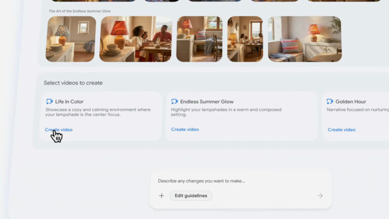 Google Asset Studio video creation interface showing three template options: Life in Color, Endless Summer Glow, and Golden Hour, with sample lampshade product photography and Create video buttons for each template.