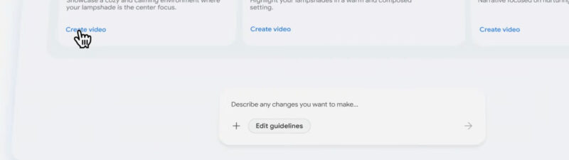 Google Asset Studio video creation interface showing three template options: Life in Color, Endless Summer Glow, and Golden Hour, with sample lampshade product photography and Create video buttons for each template.