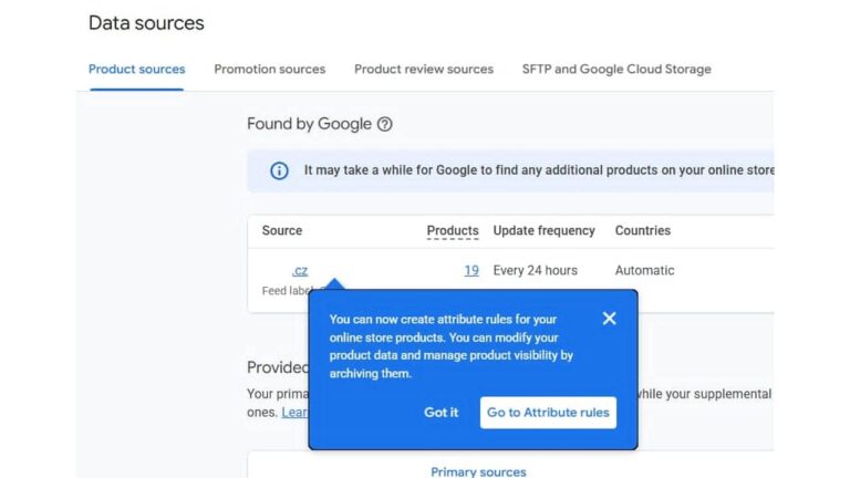 A screenshot of the "Data sources" page in GMC shows a product source feed with 19 found products updated every 24 hours. A popup message offers to create attribute rules for managing product data efficiently.