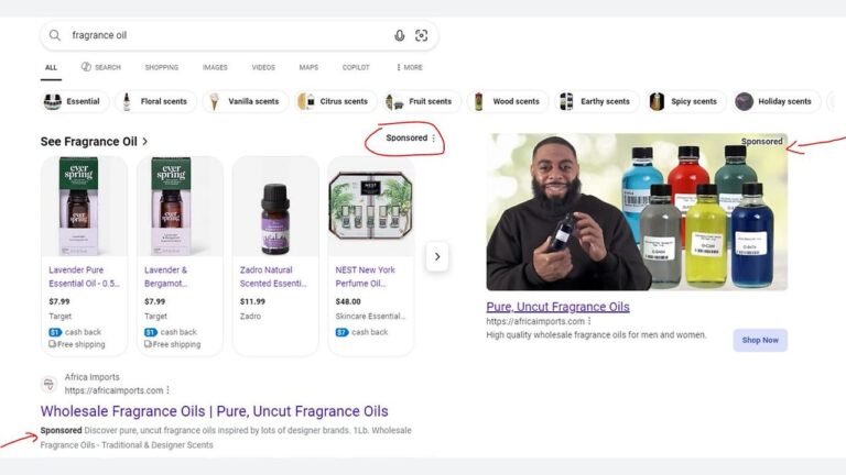 Screenshot of a Google search for "fragrance oil," showing sponsored product listings with images of various fragrance oil bottles and a man holding a bottle, alongside links to online fragrance oil retailers.