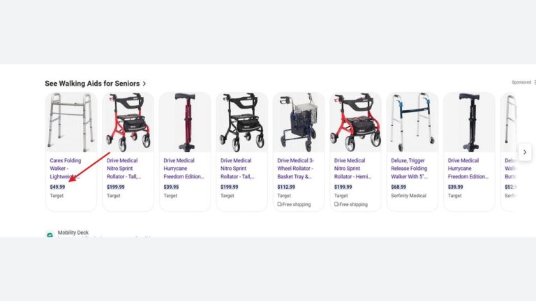 A row of various walking aids for seniors is displayed online, including folding walkers and rollators, with prices ranging from $49.99 to $199.99 and retailers like Target and Samfy Medical listed.
